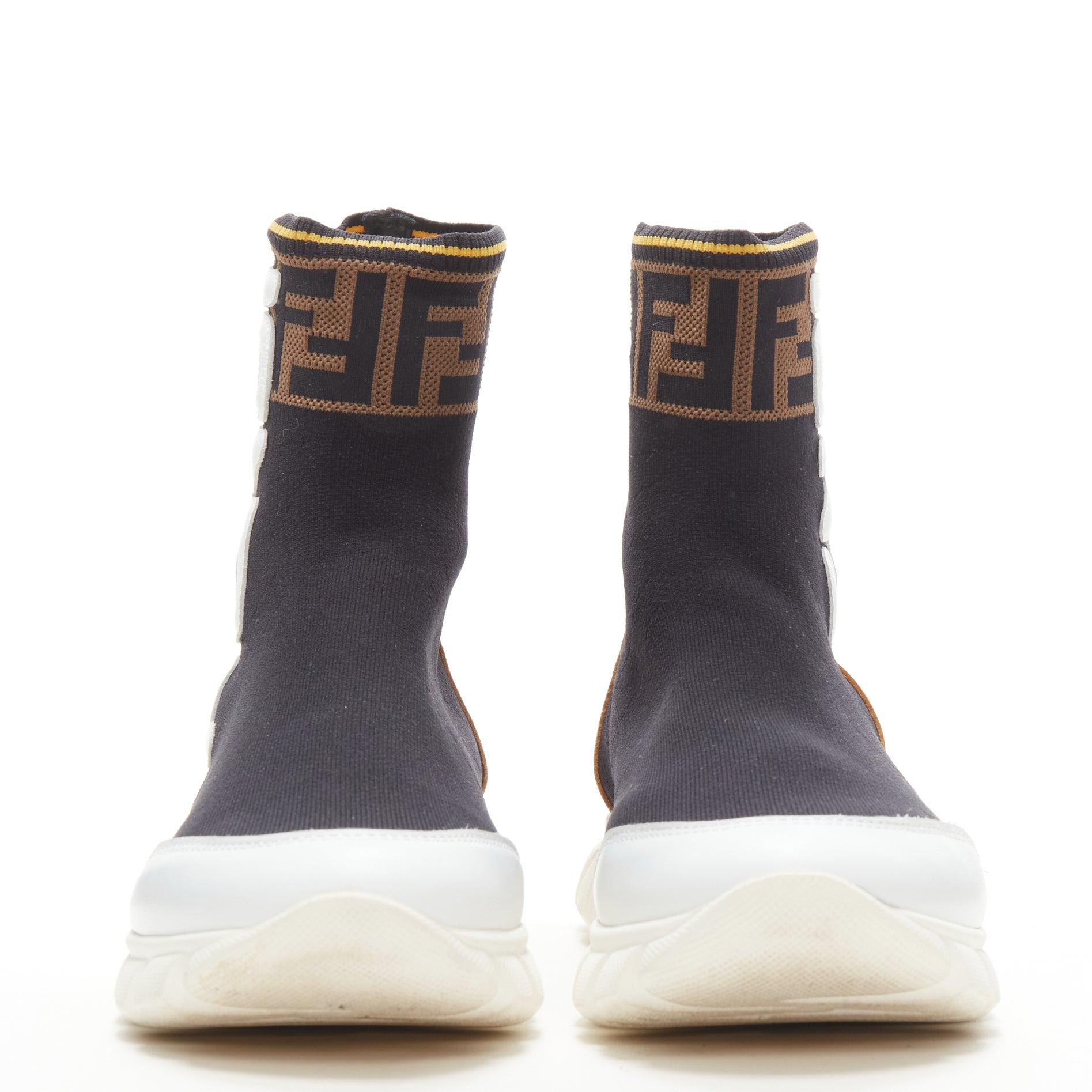 Black FENDI FILA Mania white logo lettering Zucca FF sock knit high top sneaker EU36