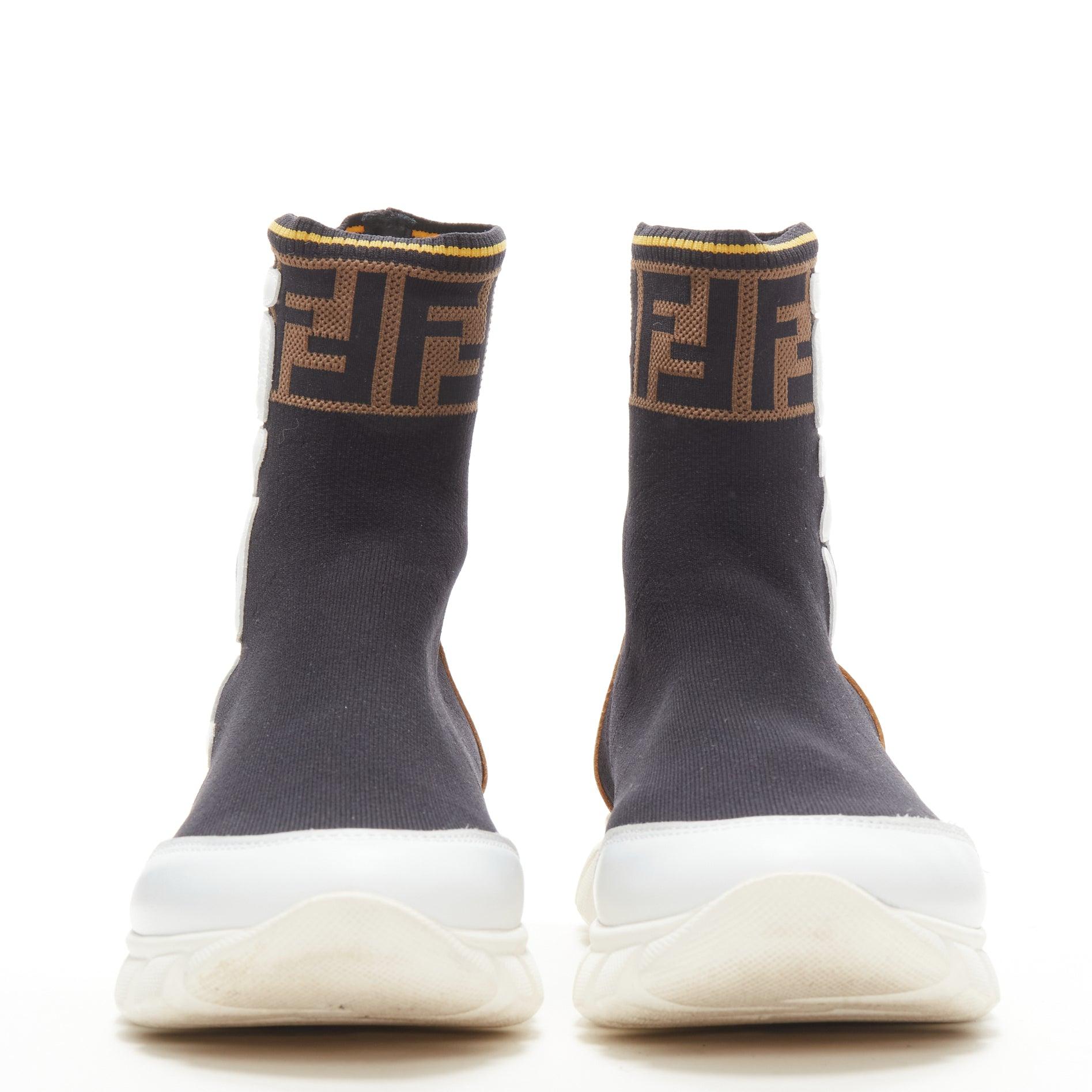 Black FENDI FILA Mania white logo lettering Zucca FF sock knit high top sneaker EU36 For Sale