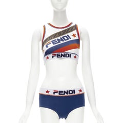 FENDI FILA Mania Zucca 2-teiliges Bikini-Set mit Logodruck in Weiß und Blau IT38 XS