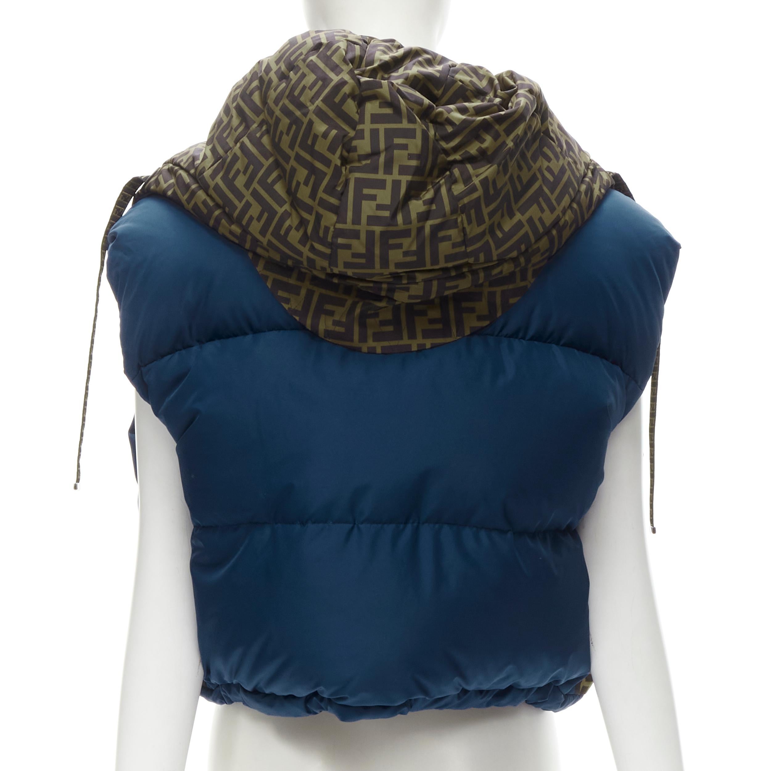 FENDI FILA Reversible FF Zucca monogram blue down puffer cropped vest S In Excellent Condition In Hong Kong, NT