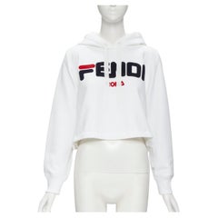 FENDI FILA ROMA velvet logo print white cotton cropped hoodie sweatshirt S