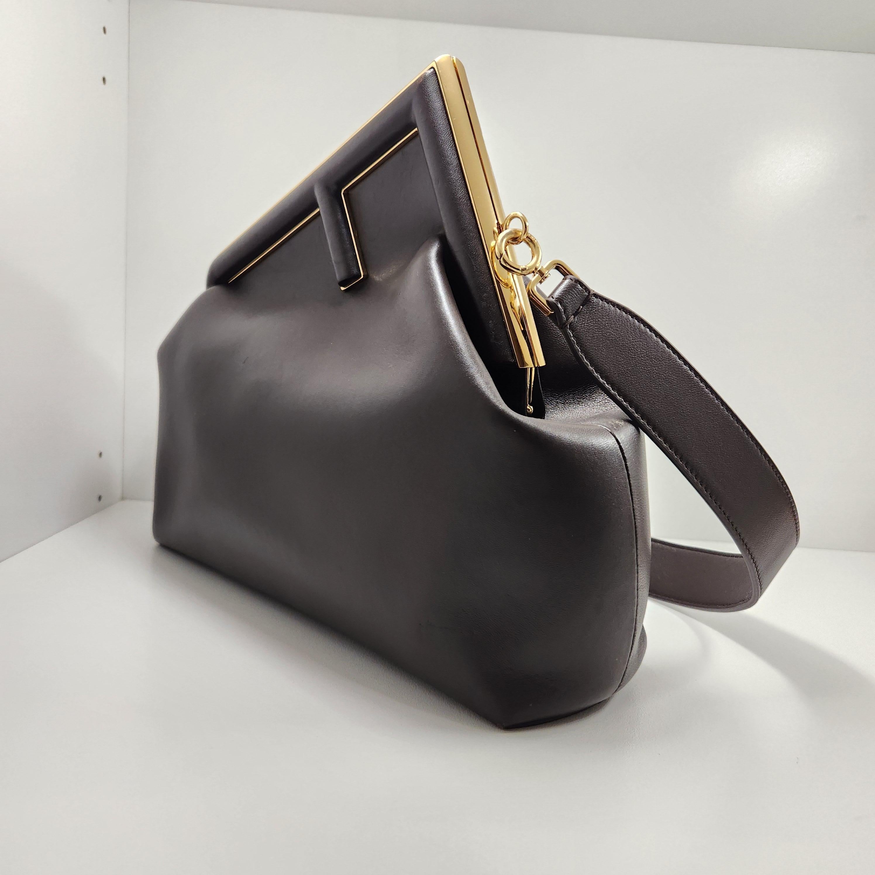 Women's Fendi First Medium Clutch and Shoulder Bag – Brown with Greca and Gold Hardware For Sale