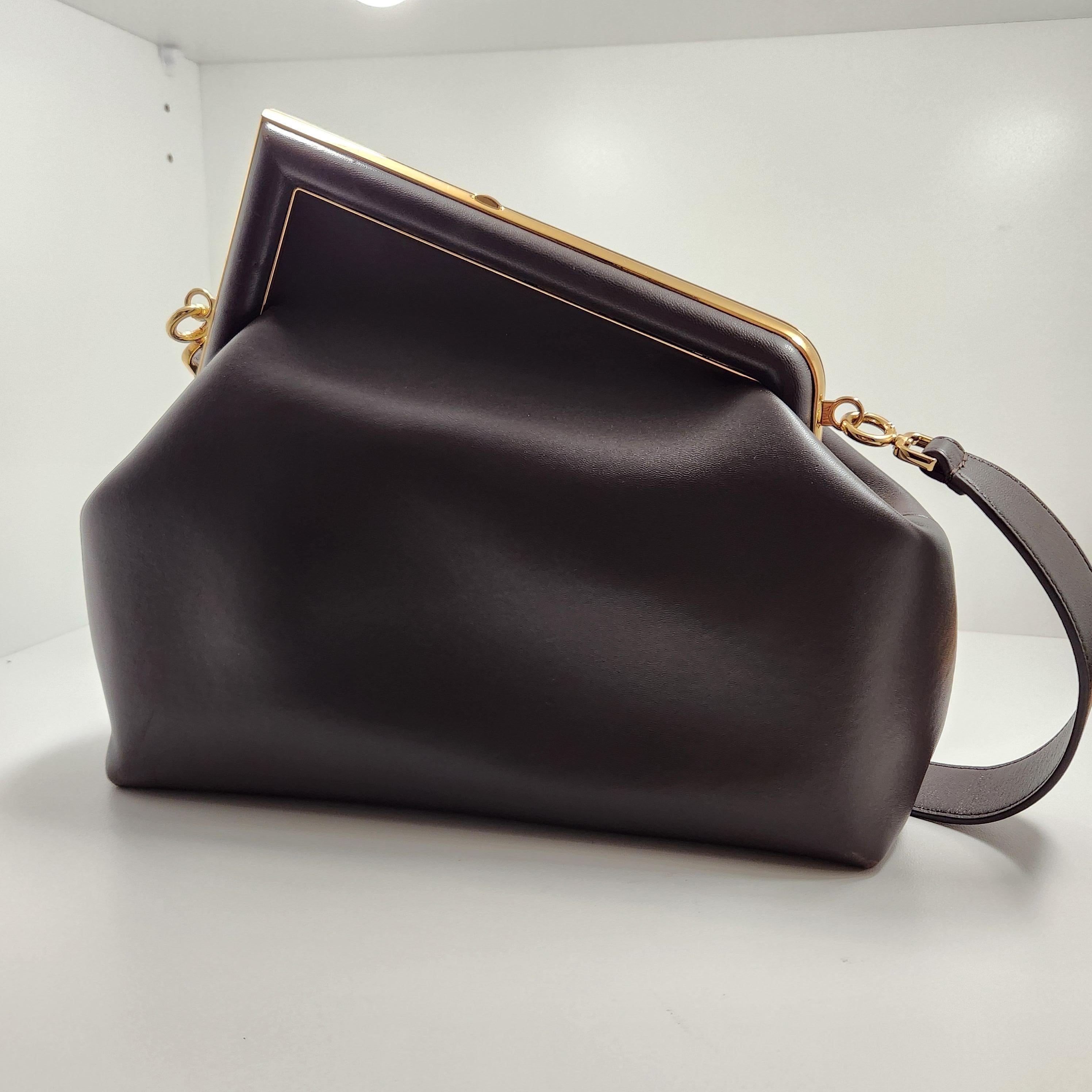 Fendi First Medium Clutch and Shoulder Bag – Brown with Greca and Gold Hardware For Sale 3