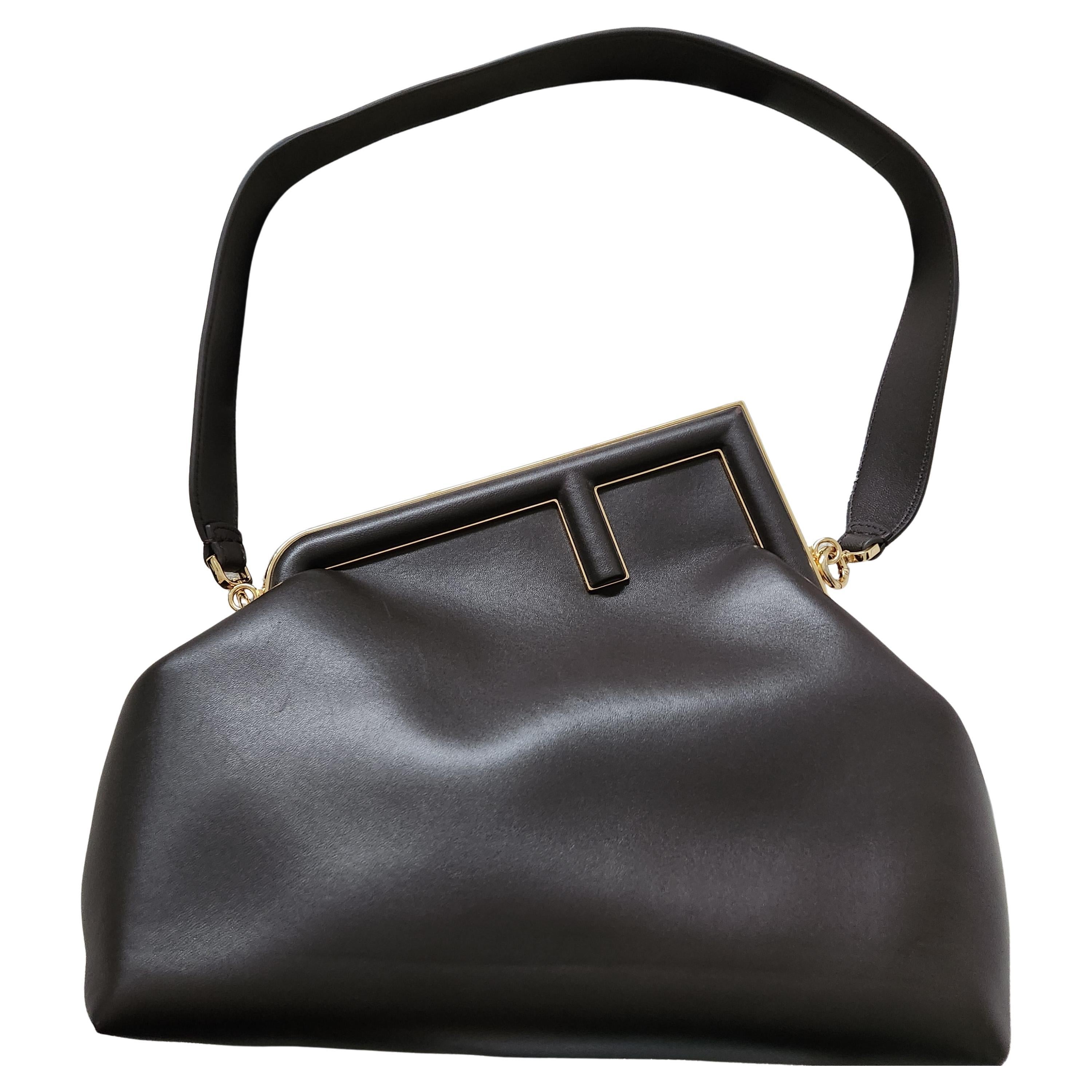 Fendi First Medium Clutch and Shoulder Bag – Brown with Greca and Gold Hardware For Sale