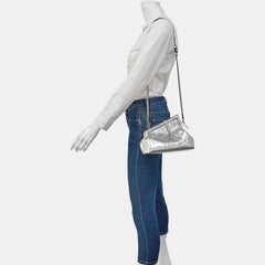 Fendi First Small Silver Shiny Calfskin Leather Clutch with Shoulder Strap