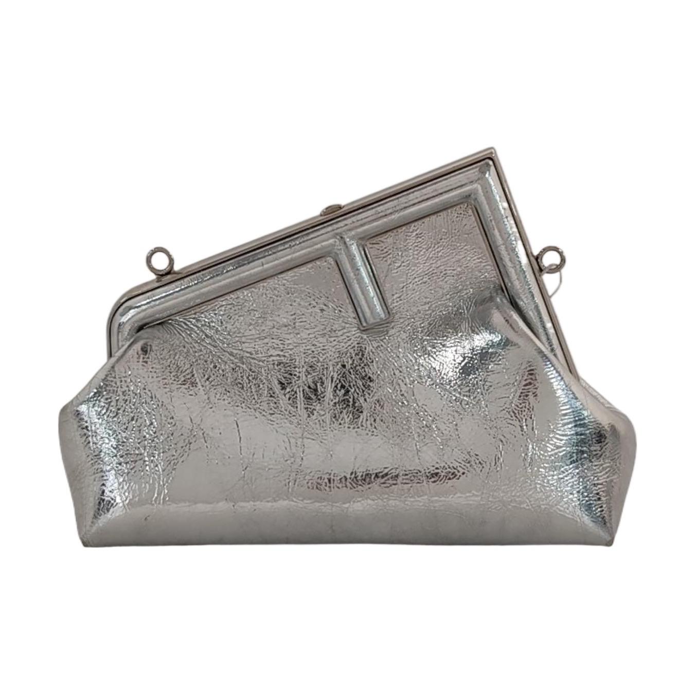 Fendi First Small Silver Shiny Calfskin Leather Clutch with Shoulder Strap in vendita