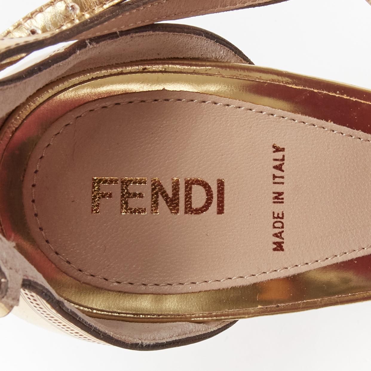 FENDI Flo metallic gold leather perforated tstrap peep toe platforms EU38 For Sale 5