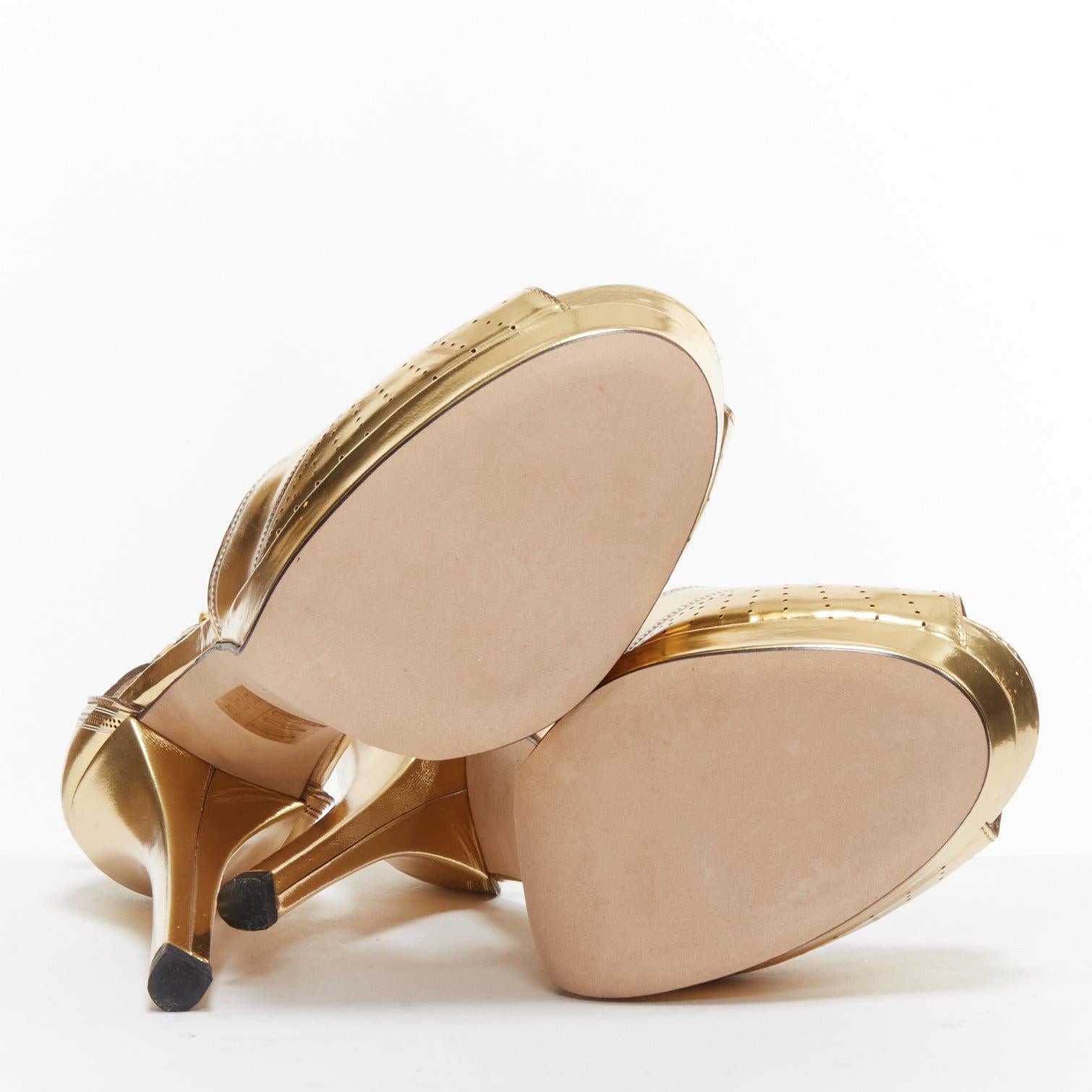 FENDI Flo metallic gold leather perforated tstrap peep toe platforms EU38 For Sale 6