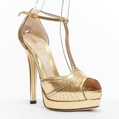 FENDI Flo metallic gold leather perforated tstrap peep toe platforms EU38