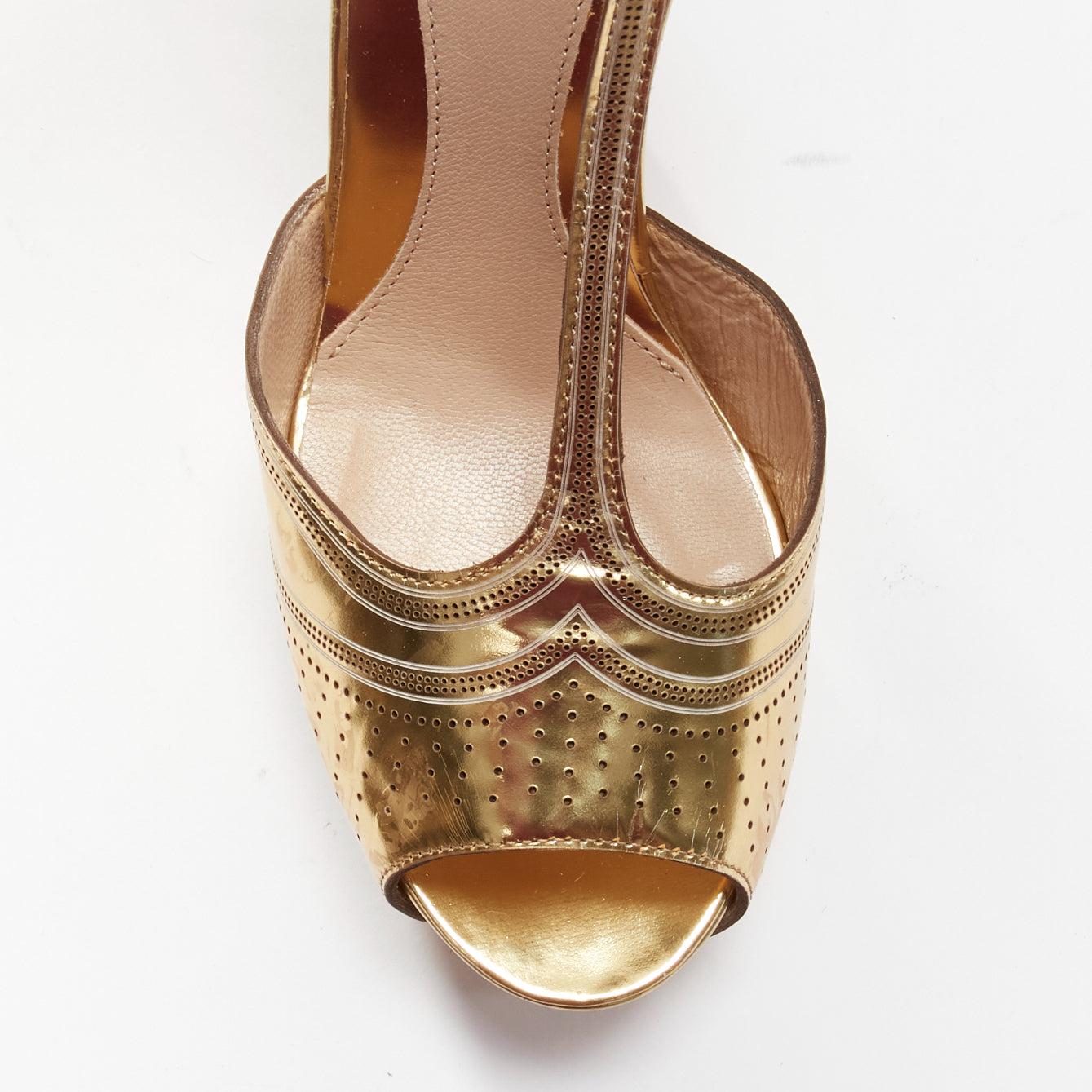 FENDI Flo metallic gold leather perforated tstrap peep toe platforms EU38 For Sale 1