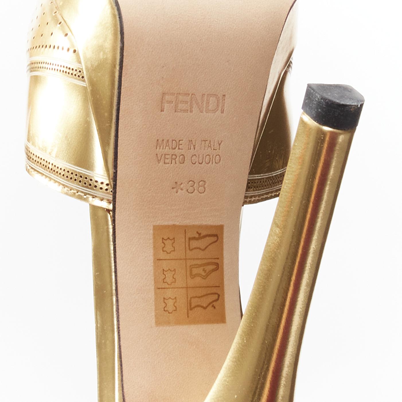 FENDI Flo metallic gold leather perforated tstrap peep toe platforms EU38 For Sale 4