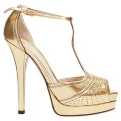 FENDI Flo metallic gold leather perforated tstrap peep toe platforms EU38