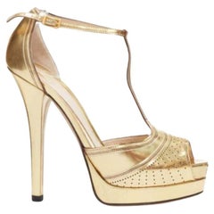 FENDI Flo metallic gold leather perforated tstrap peep toe platforms EU38