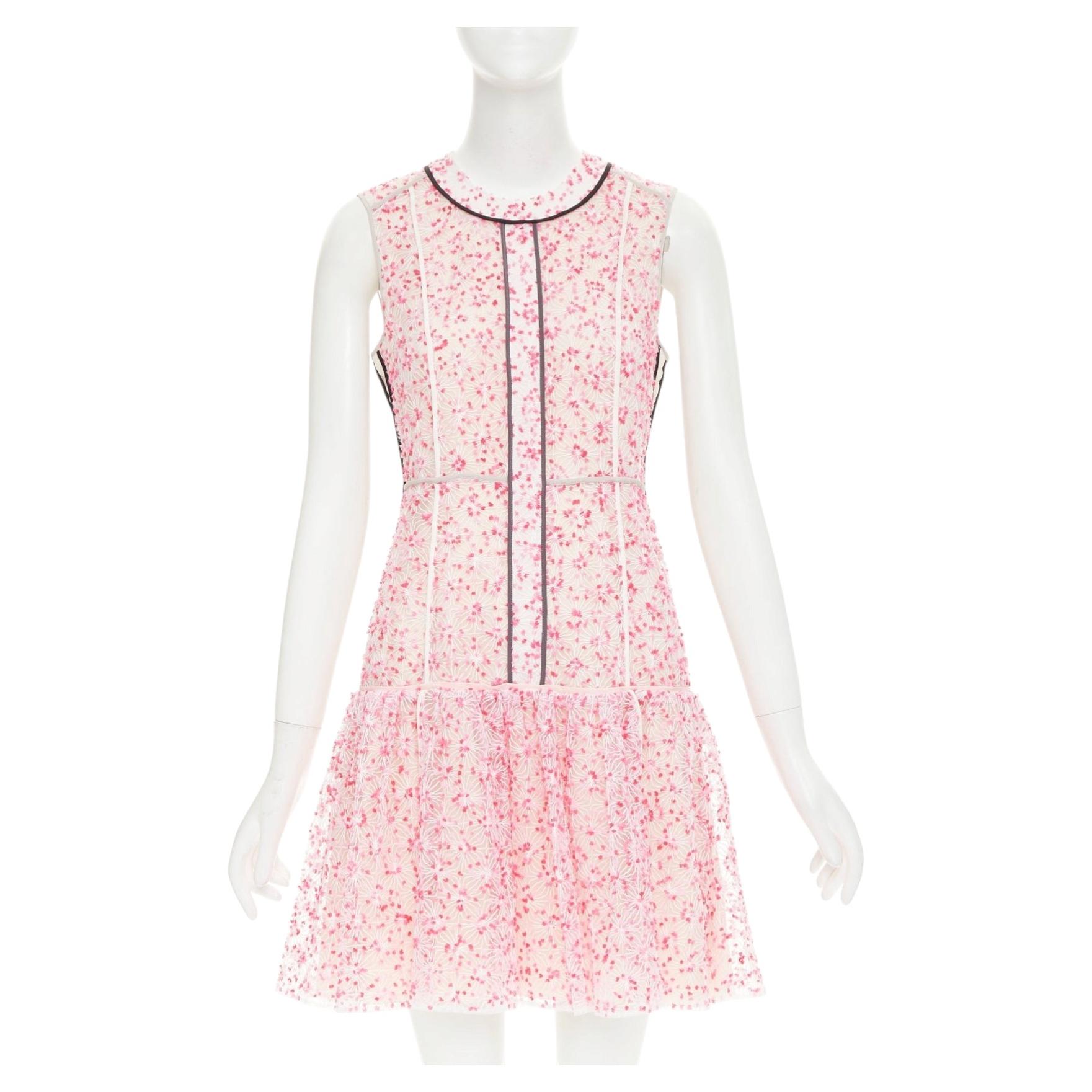 Pre-owned Fendi Flocked Blossom Pink Sheer Black Trim Drop Waist Mini Dress It42 M