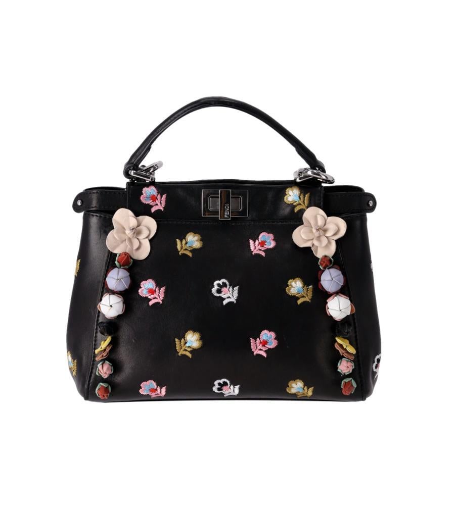 Black Fendi Floral Embellished Peekaboo Leather Crossbody Bag For Sale
