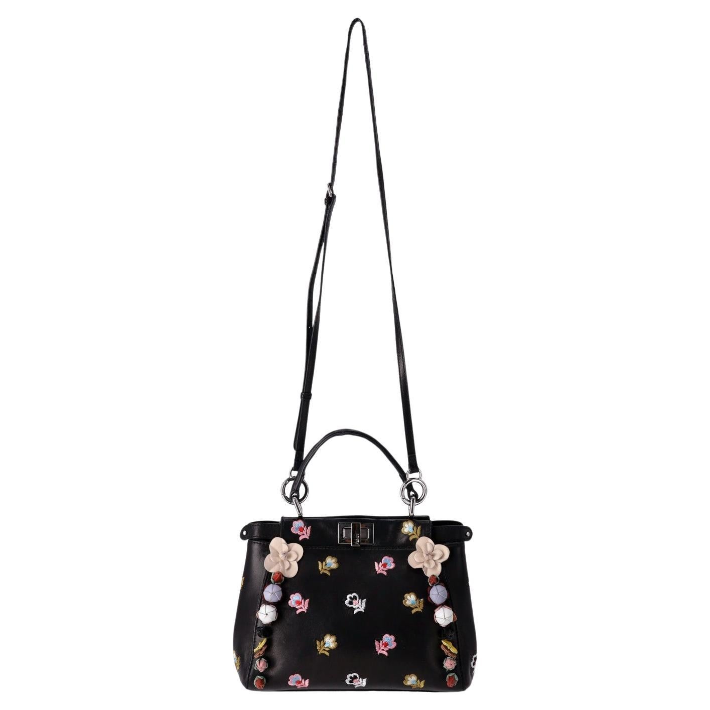 Fendi Floral Embellished Peekaboo Leather Crossbody Bag For Sale