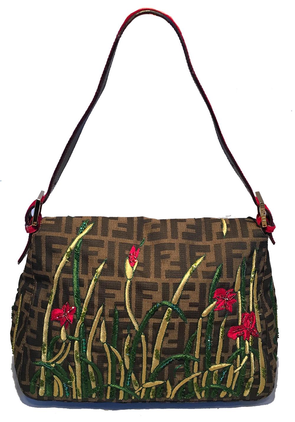 Fendi Floral Embroidered Beaded Monogram Zucca Print Large Baguette (Schwarz)