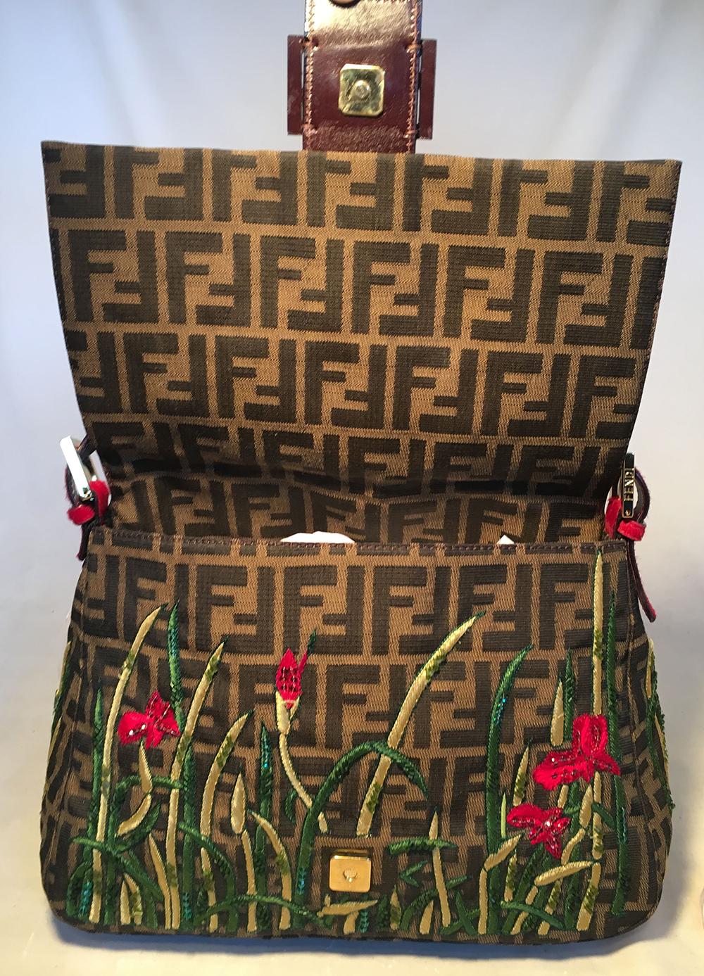 Fendi Floral Embroidered Beaded Monogram Zucca Print Large Baguette 2
