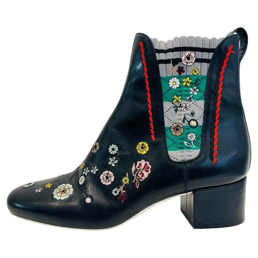 Fendi Floral Embroidered Leather Ankle Boots For Sale