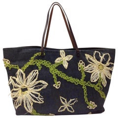 Fendi Floral Shopper 866848 Navy Denim Tote