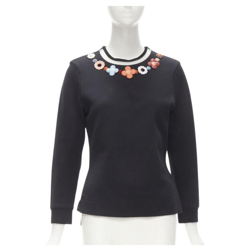 FENDI Flowerland leather spike stud mesh crew neck pullover sweater S For Sale