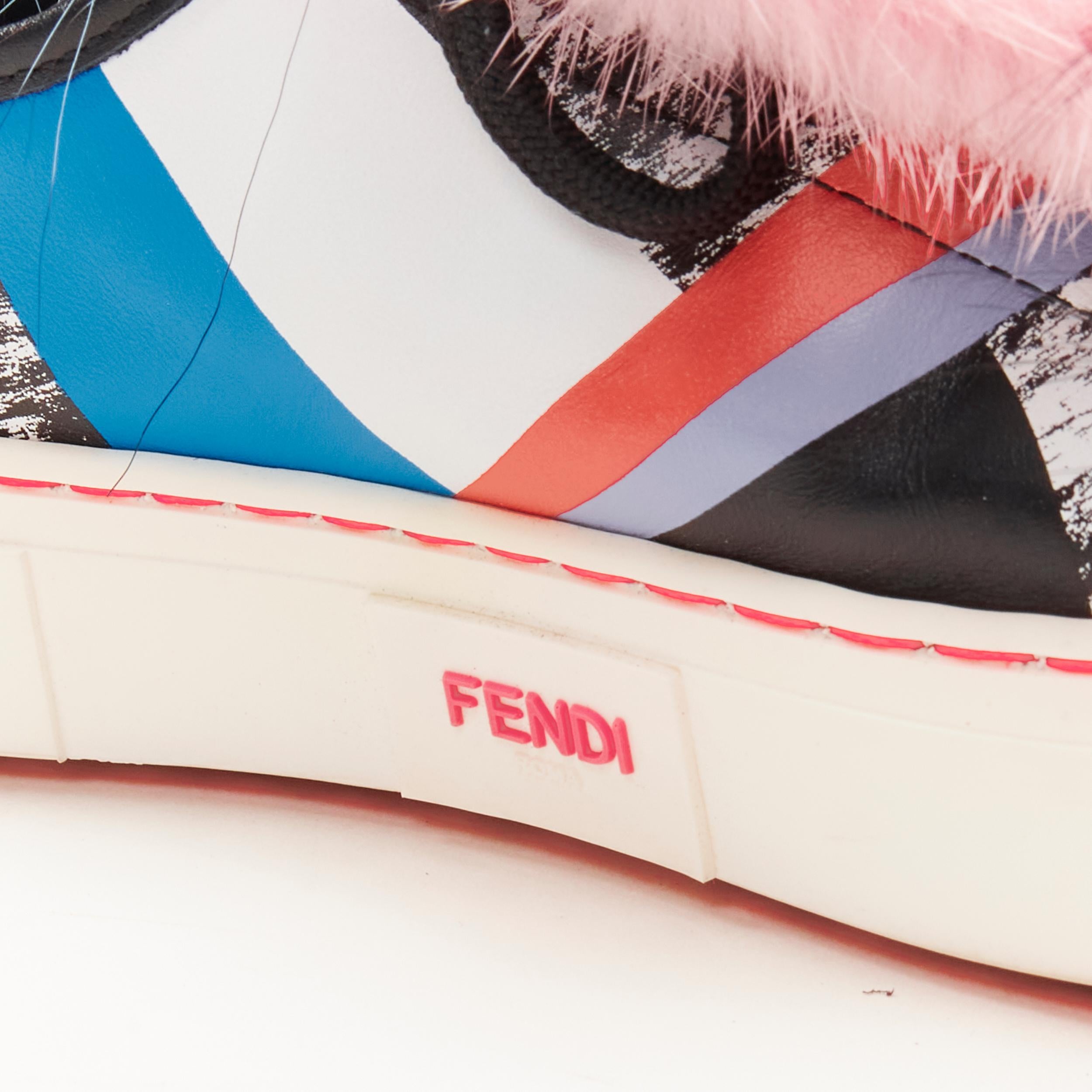 FENDI Flynn pink mohawk fur panel printed leather low top sneaker EU37 For Sale 3