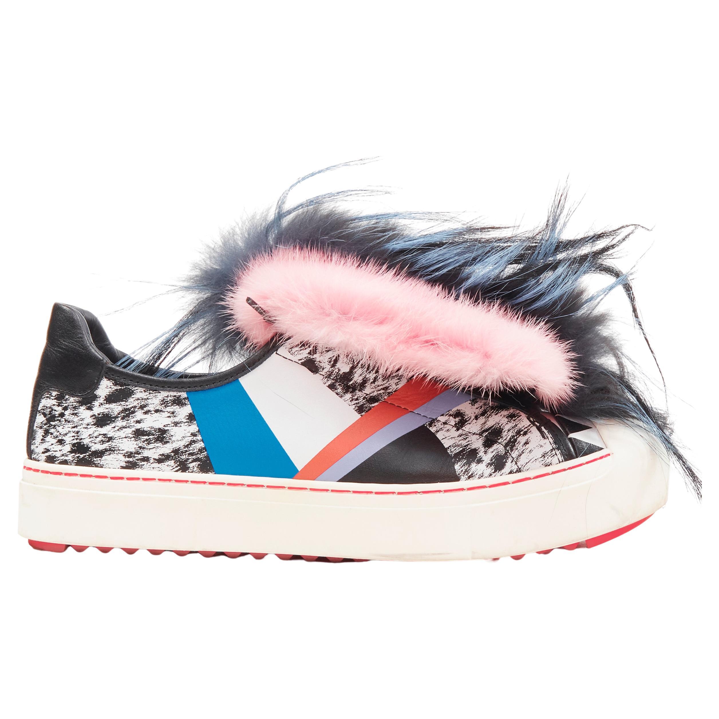 FENDI Flynn pink mohawk fur panel printed leather low top sneaker EU37 For Sale