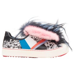 Used FENDI Flynn pink mohawk fur panel printed leather low top sneaker EU37