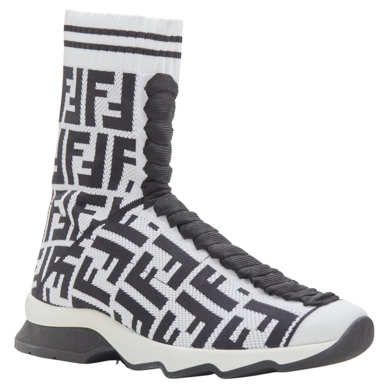 FENDI Forever FF black white Zucca monogram sock knit high top sneaker ...