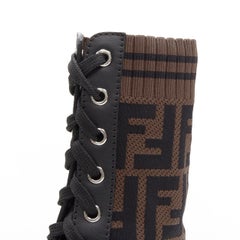 FENDI Forever FF Zucca Monogram brown knit black leather combat boots EU36