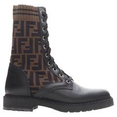 FENDI Forever FF Zucca Monogram brown knit black leather combat boots EU36