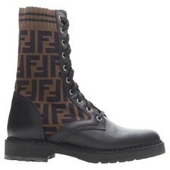Fendi Forever FF Zucca Monogram stivali da combattimento in maglia marrone e pelle nera EU36