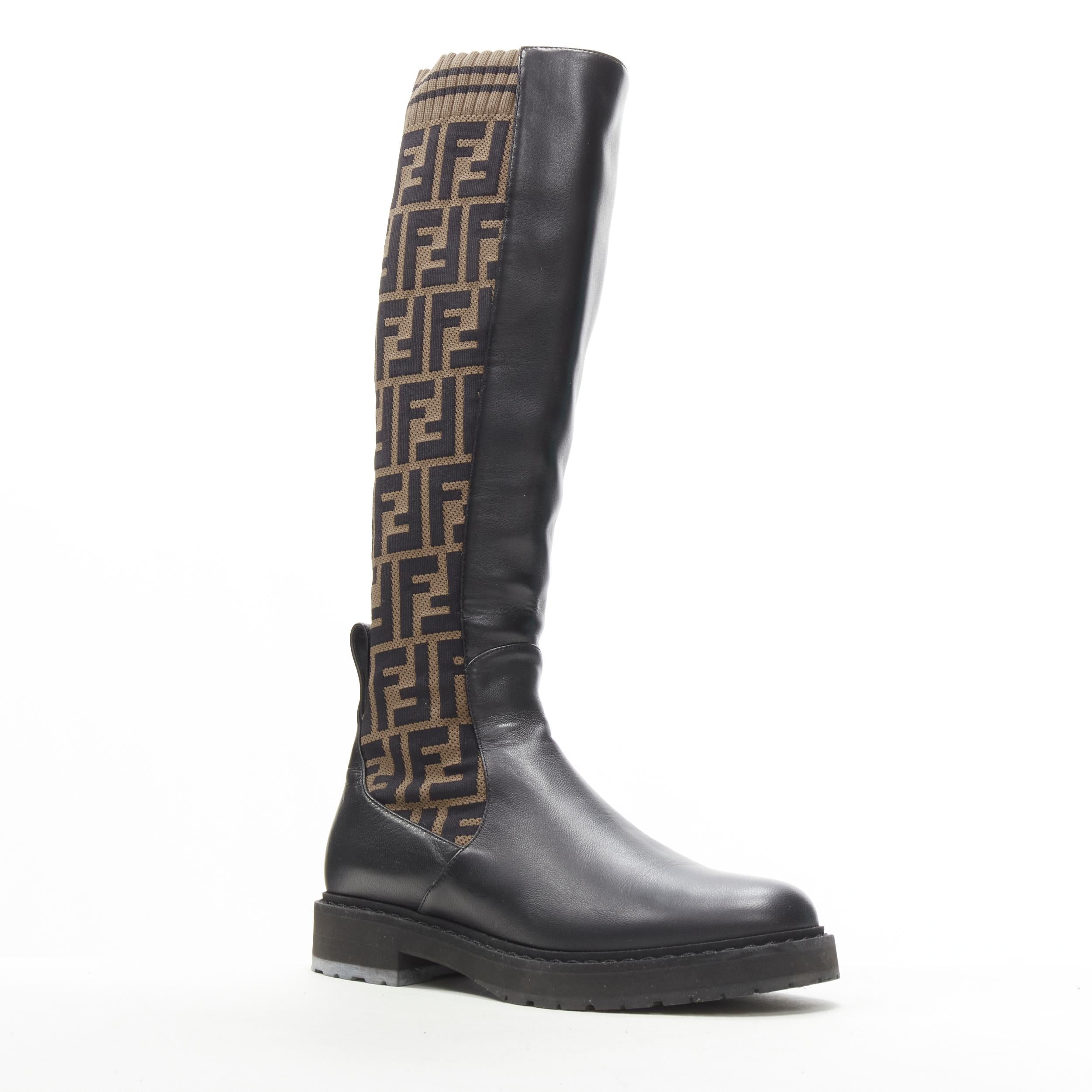 FENDI Forever FF Zucca monogram brown stretch knit black leather boot EU36 
Reference: ANWU/A00380 
Brand: Fendi 
Material: Leather 
Color: Brown 
Pattern: Logo 
Closure: Stretch 
Extra Detail: Stretch sock knit insert. Soft leather upper. Rubber