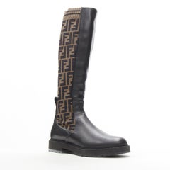 FENDI Forever FF Zucca monogram brown stretch knit black leather boot EU36