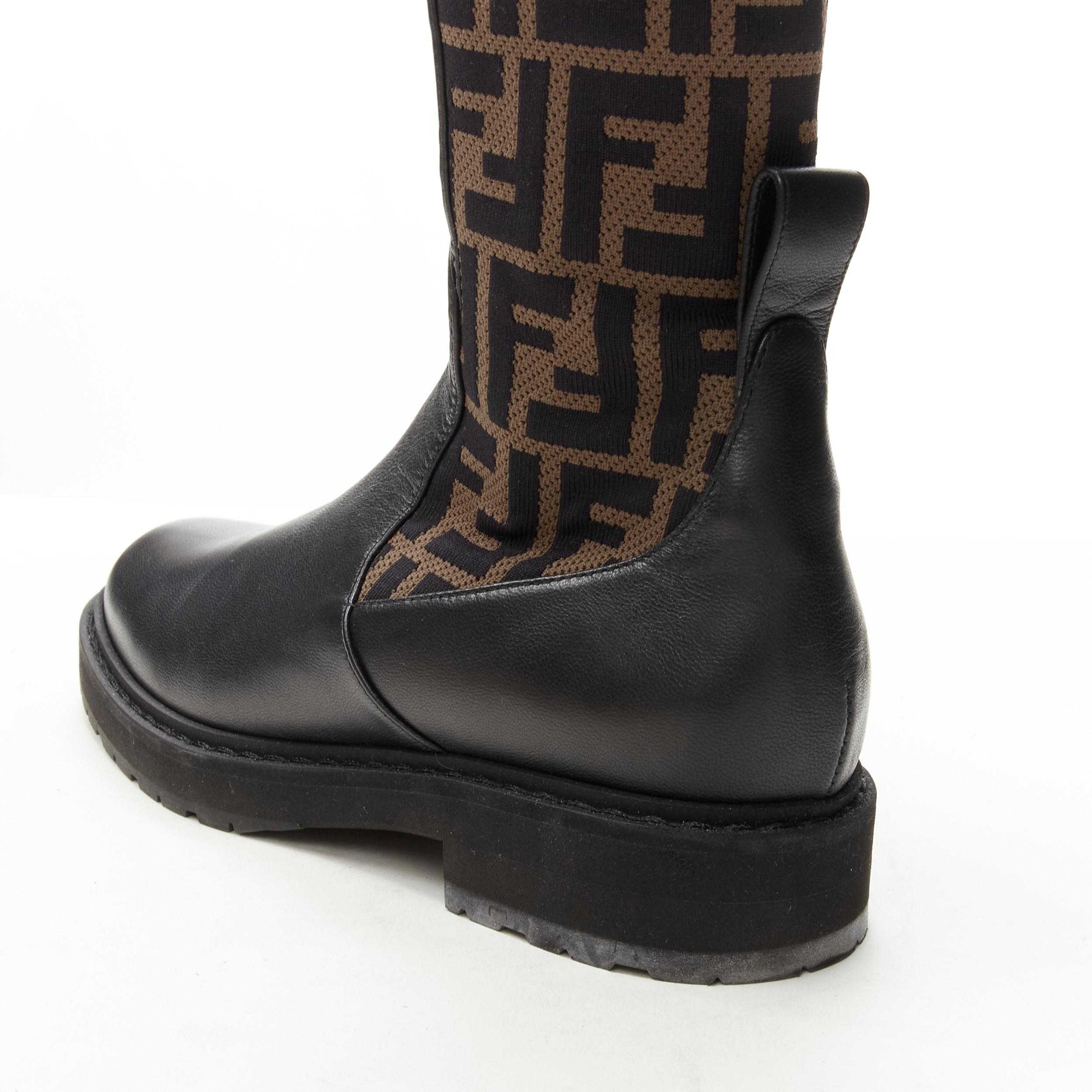 FENDI Forever FF Zucca monogram brown stretch knit black leather boot EU36 1
