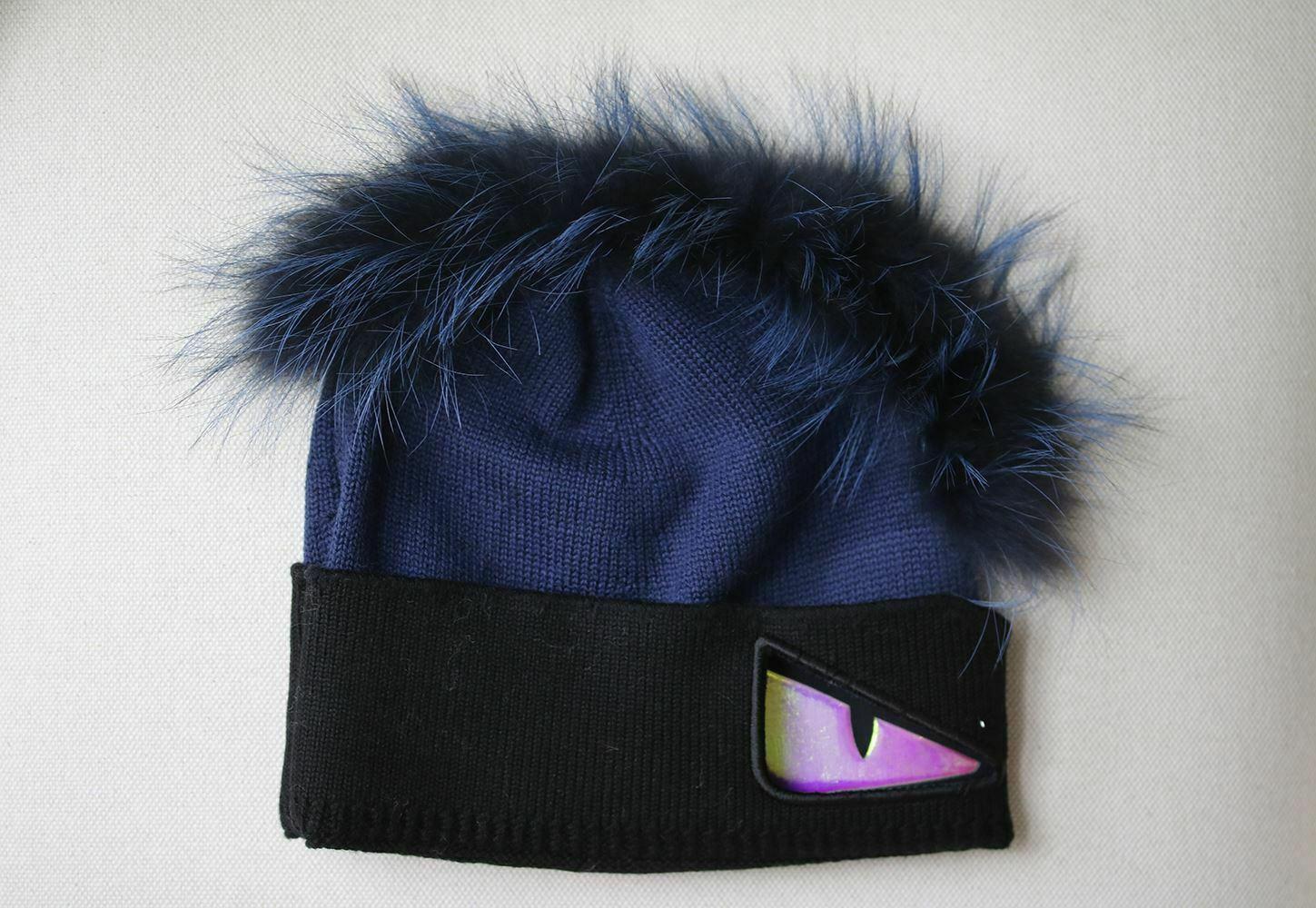 Black Fendi Fox Fur Trimmed Beanie 