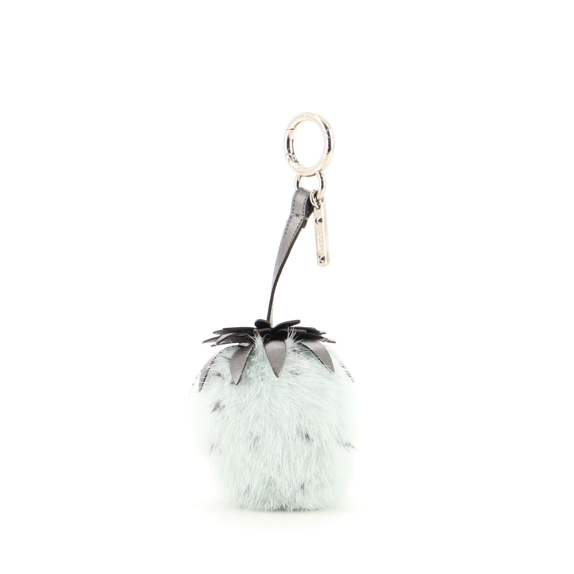 Fendi Fruit Bag Charm Fur and Leather Gray, Green In Good Condition In Irvine, CA