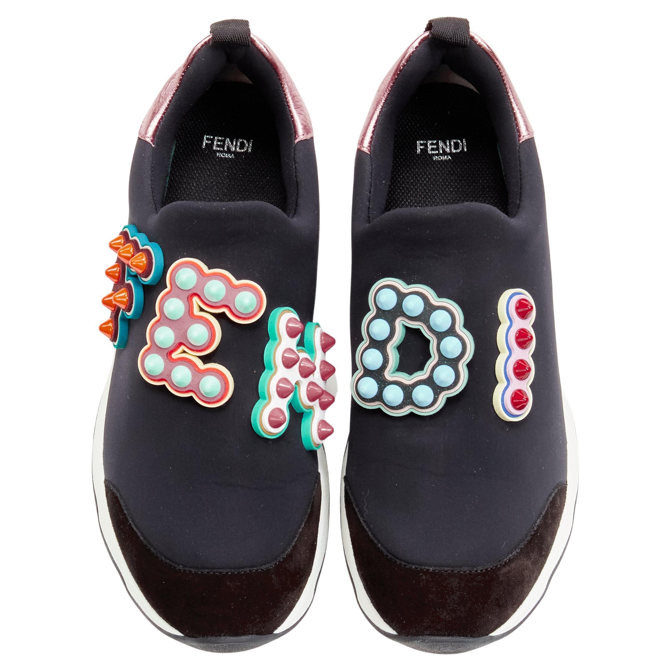 FENDI Fun Fair studded logo rubber applique black pink neoprene low sneaker EU36 For Sale