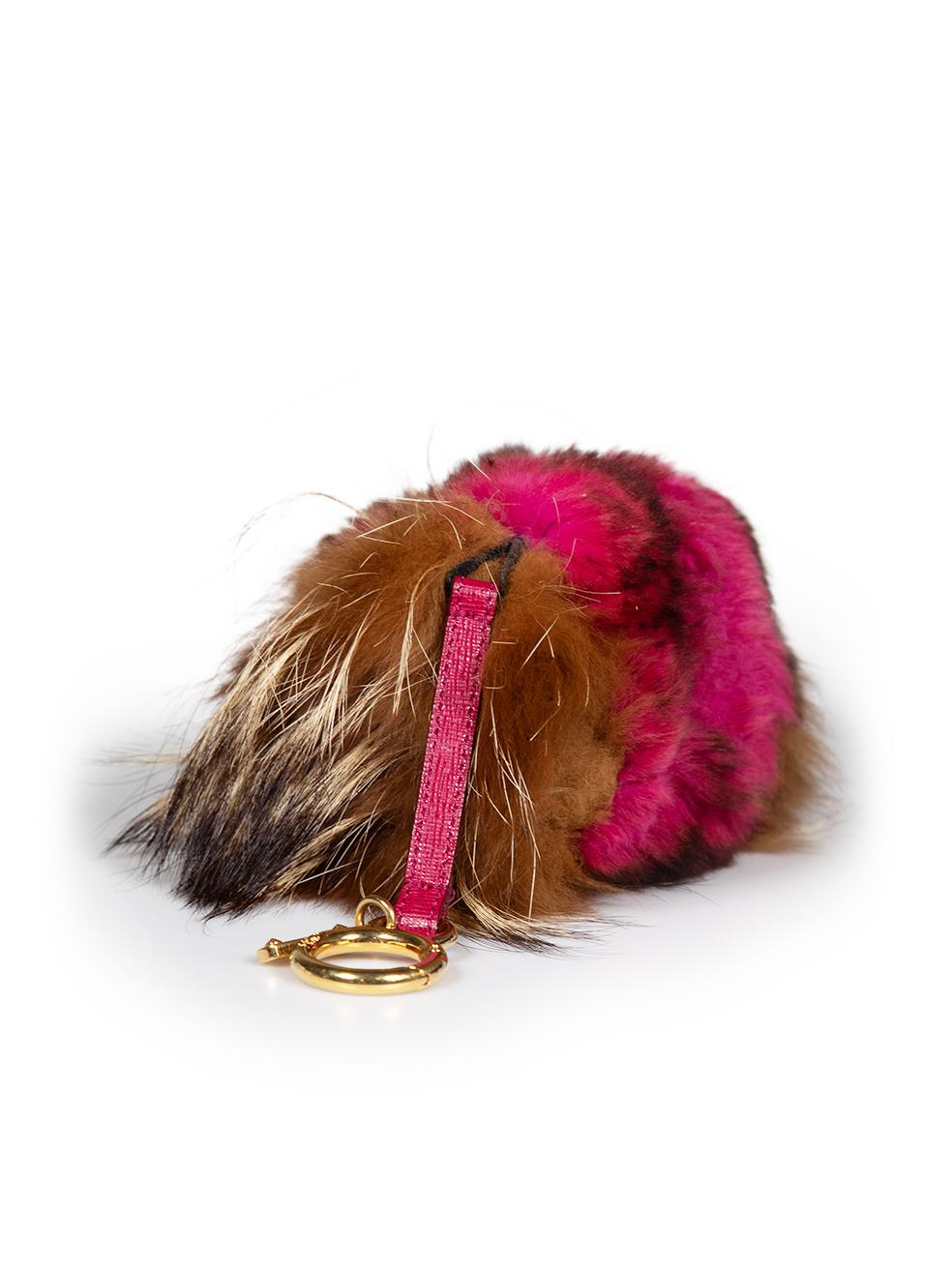 CONDITION is Very good. Minimal wear to charm is evident. Minimal tarnishing to the logo hardware on this used Fendi designer resale item.
 
 
 
 Details
 
 
 Multicolour- purple, brown
 
 Fur
 
 Keychain
 
 Gold tone hardware
 
 Clasp fastening
 
