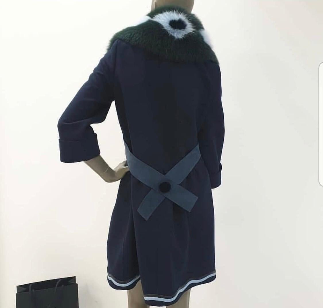 Black Fendi Fur-Trimmed Wool Cashemere Blue Fox Coat 