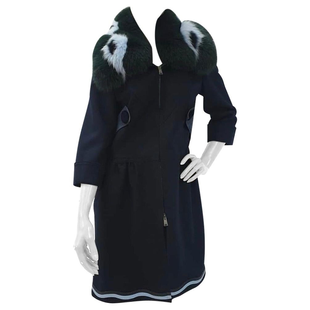 Fendi Fur-Trimmed Wool Cashemere Blue Fox Coat 