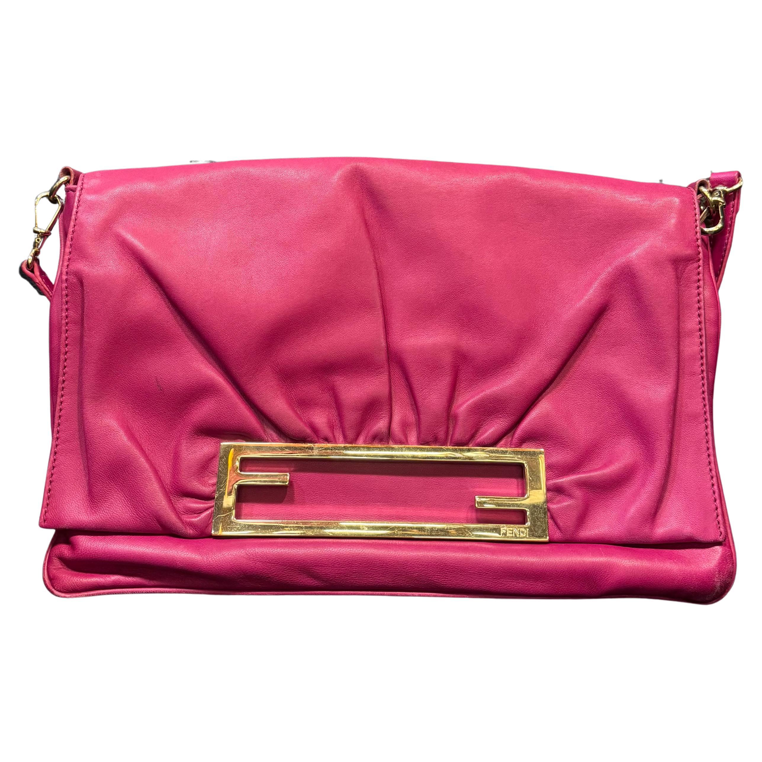 Fendi Fuschia Logo Flat Leather Shoulder Flap Bag For Sale