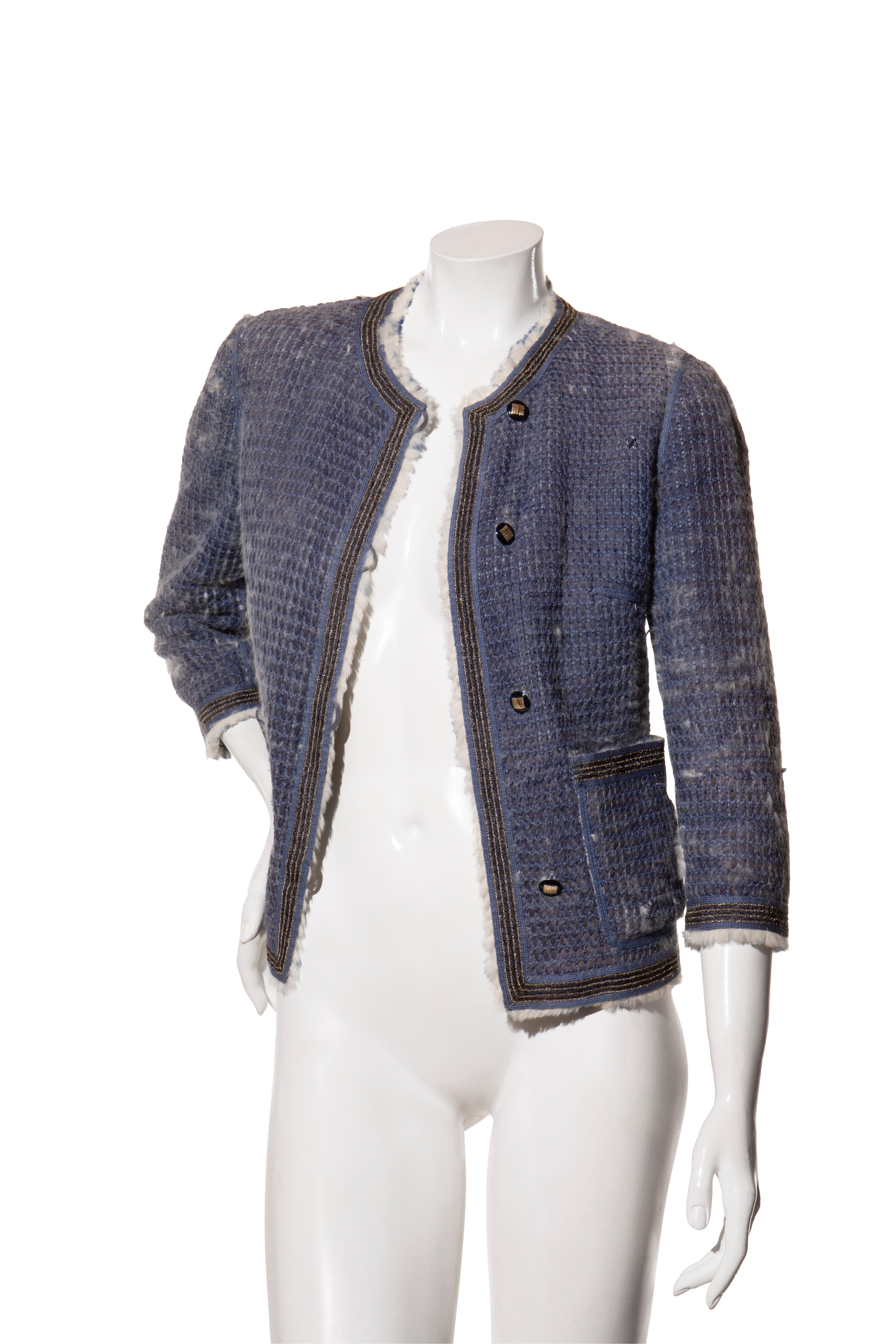 Fendi FW15 Tweed Pelz gefüttert Jacke IT 40 US 4 Blau Kaninchen Pelz Made in Italy (Grau) im Angebot