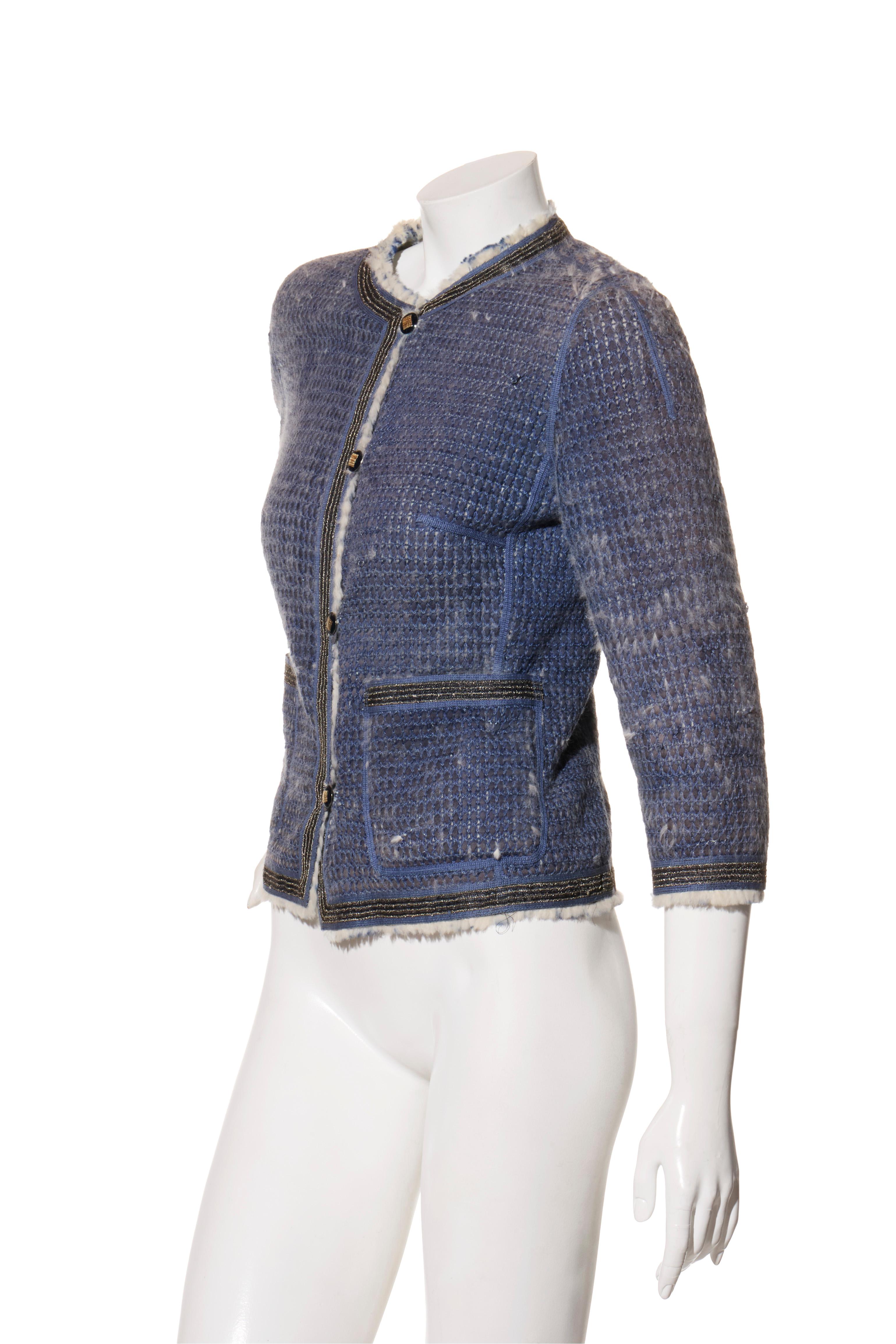 Fendi FW15 Tweed Pelz gefüttert Jacke IT 40 US 4 Blau Kaninchen Pelz Made in Italy im Zustand „Gut“ im Angebot in Woodland Hills, CA