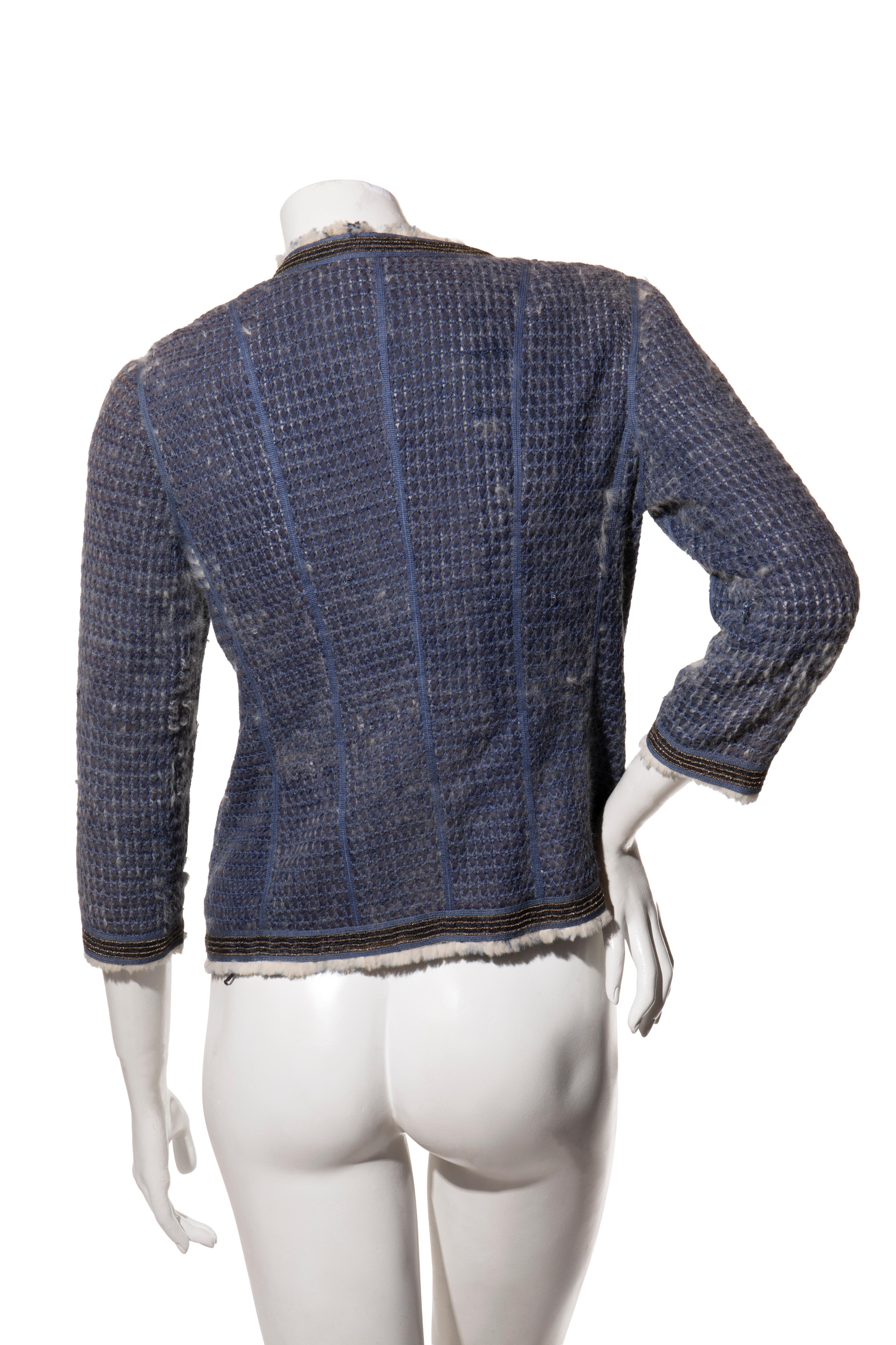 Fendi FW15 Tweed Pelz gefüttert Jacke IT 40 US 4 Blau Kaninchen Pelz Made in Italy Damen im Angebot