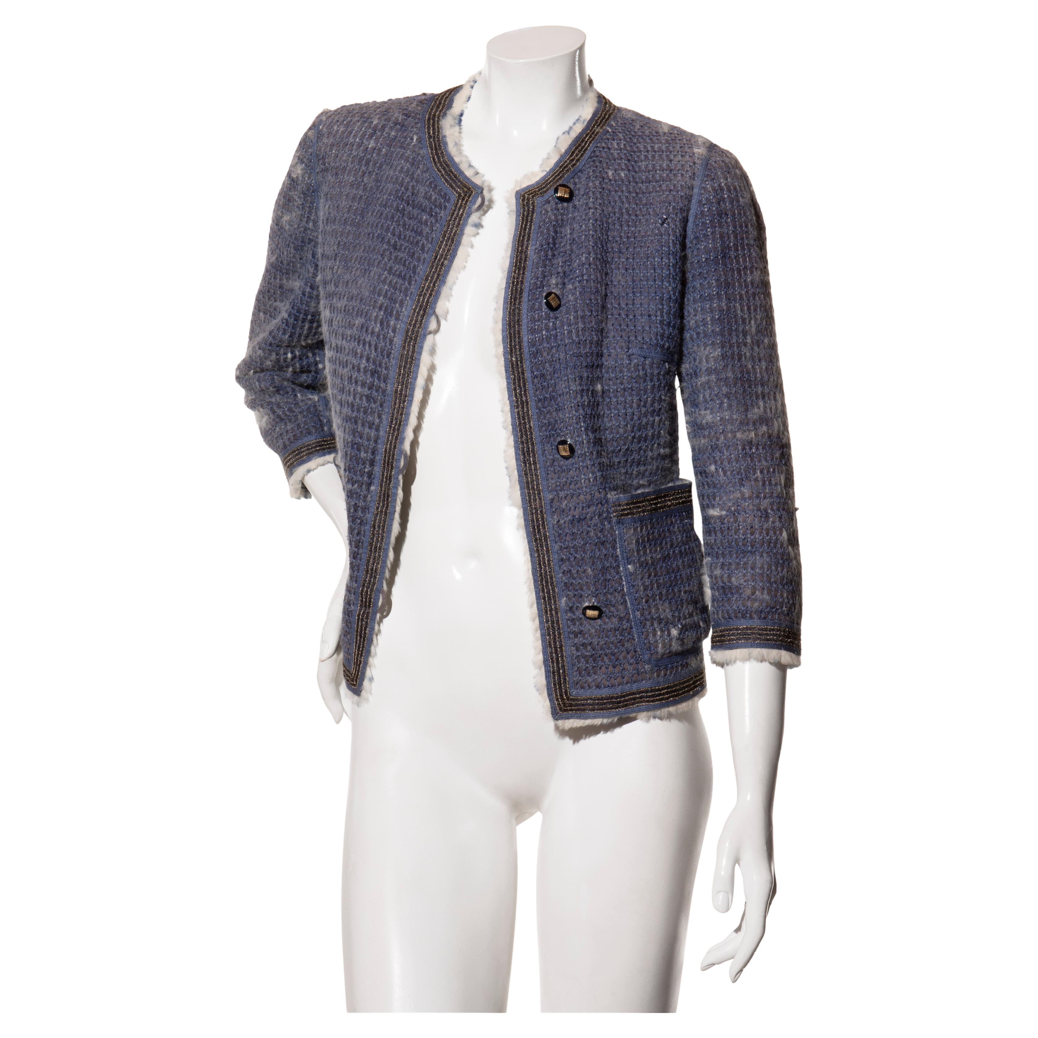 Fendi FW15 Tweed Pelz gefüttert Jacke IT 40 US 4 Blau Kaninchen Pelz Made in Italy im Angebot