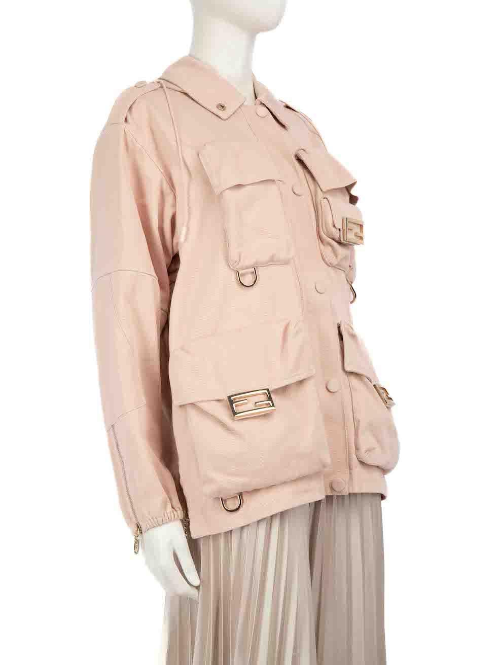 CONDITION is New with tags on this brand new Fendi designer item. This item comes with original packaging.
 
 
 
 Details
 
 
 Model: FJ7323AM34 F1J7A
 
 Season: FW23
 
 Pink
 
 Cotton drill
 
 Jacket
 
 Hooded
 
 Zip and snap button fastening
 
