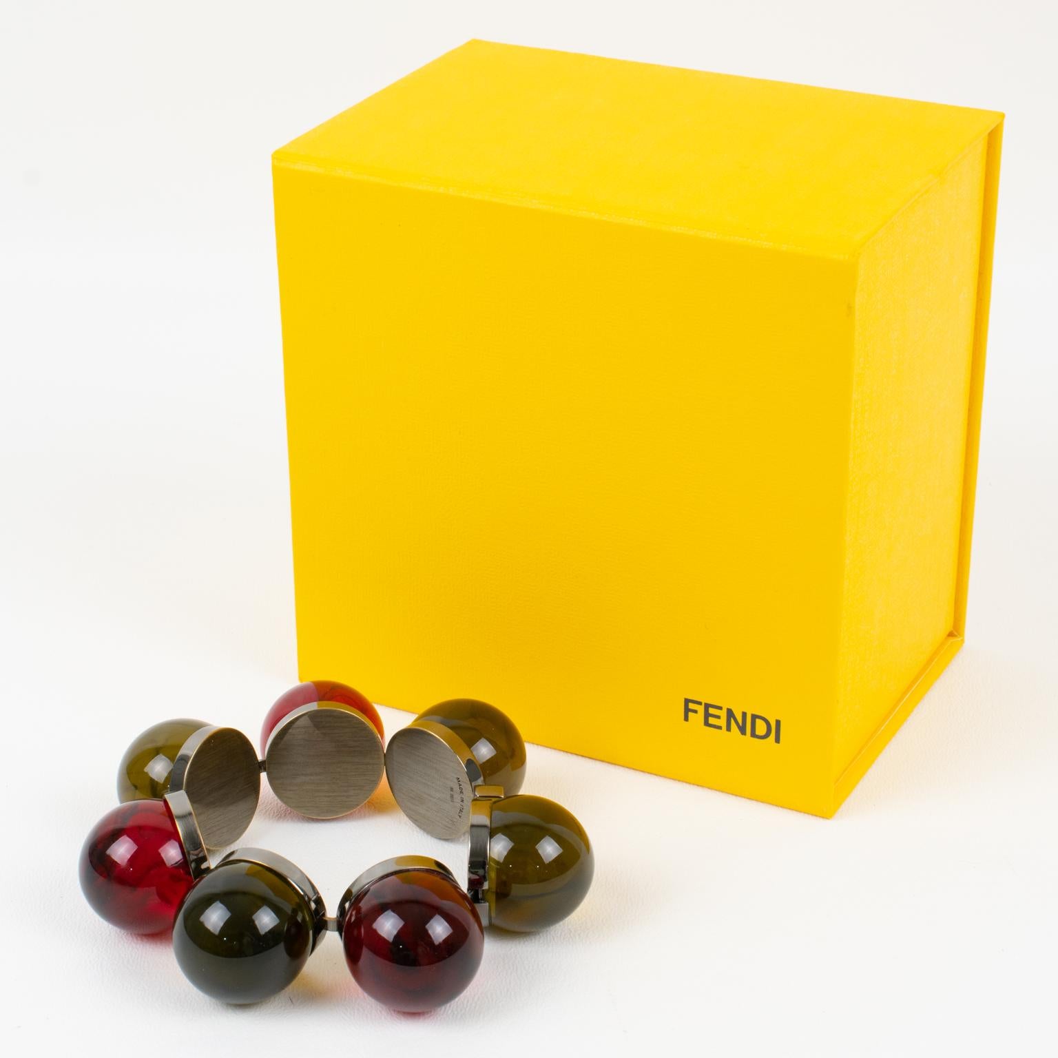 Pulsera de eslabones de resina acrílica y bronce de cañón con burbujas geométricas Fendi en caja Moderno en venta