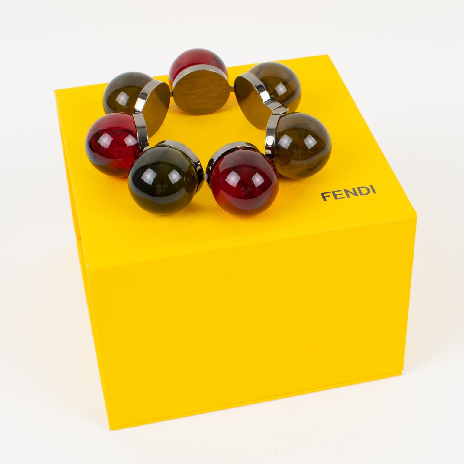 Pulsera de eslabones de resina acrílica y bronce de cañón con burbujas geométricas Fendi en caja en Bueno estado para la venta en Atlanta, GA