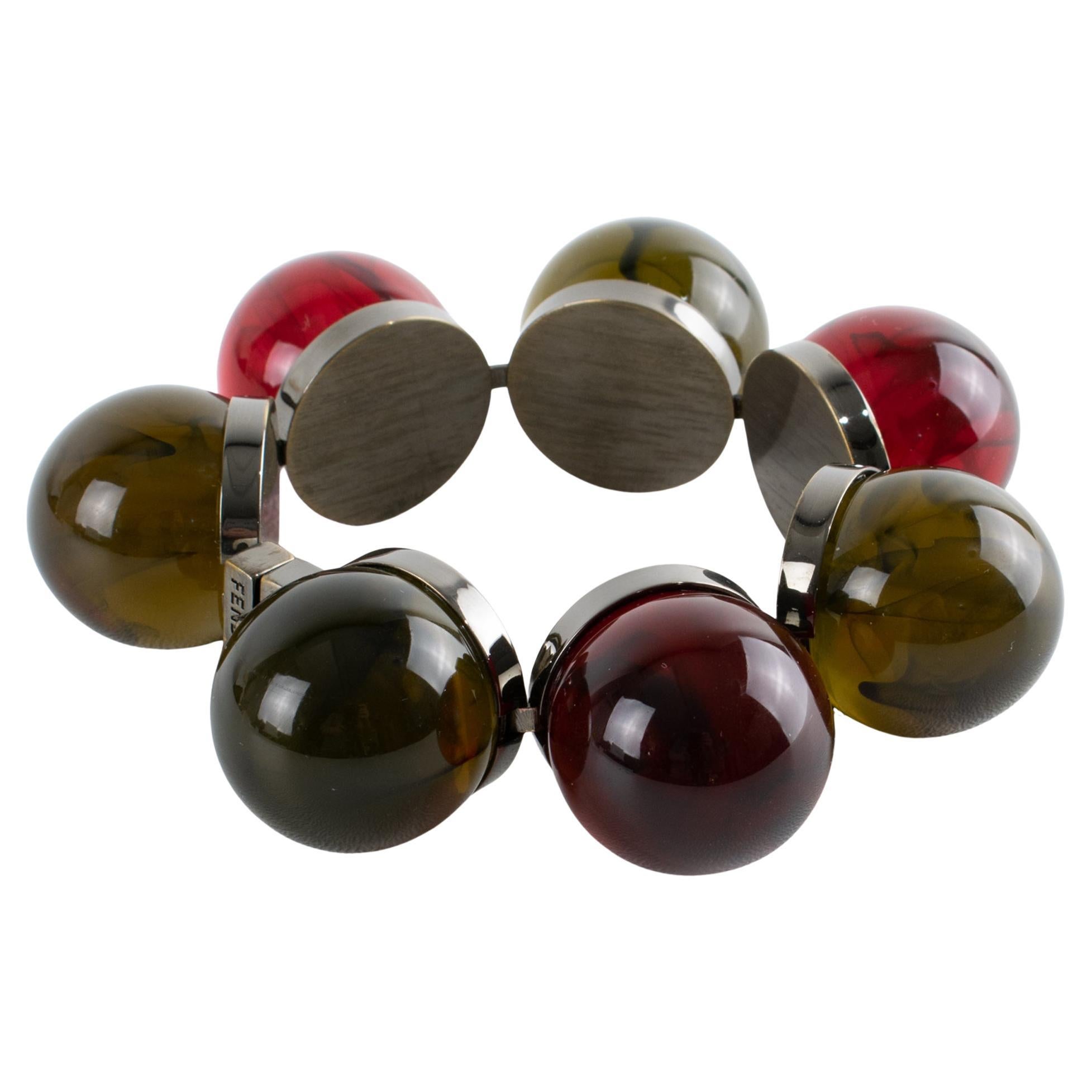 Pulsera de eslabones de resina acrílica y bronce de cañón con burbujas geométricas Fendi en caja en venta